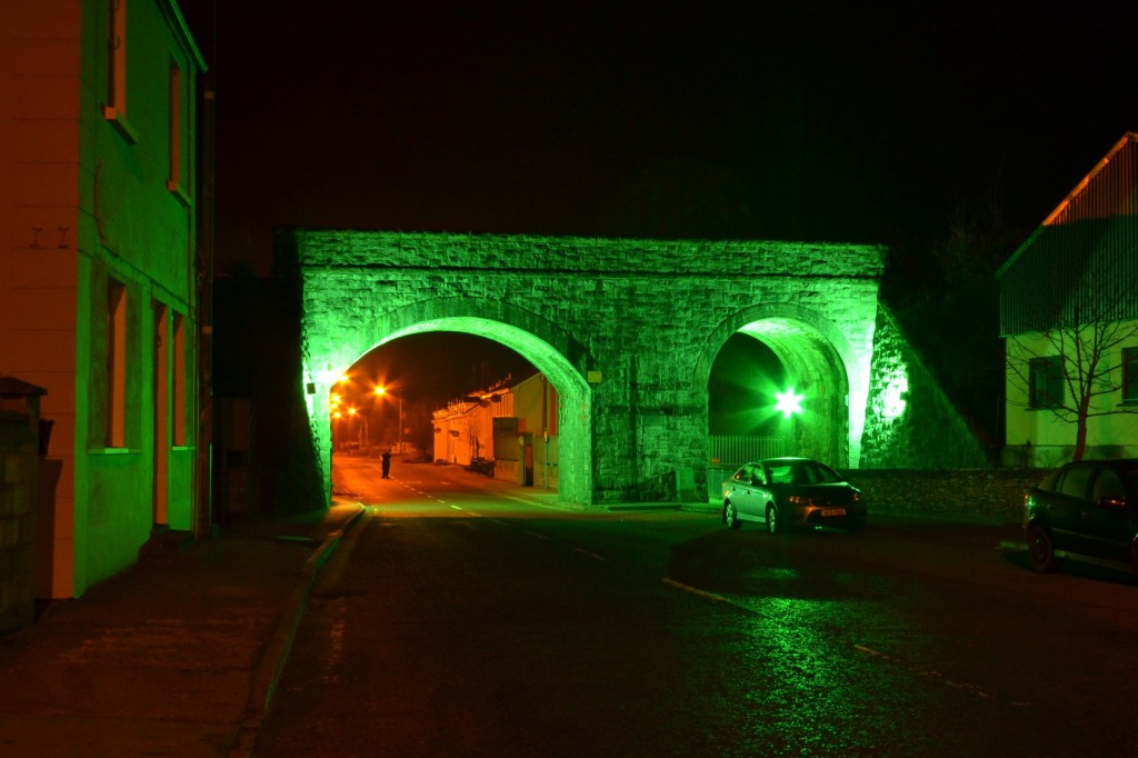 Swinford Railway Bridge lit up in green for St Patrick's weekend 2013.